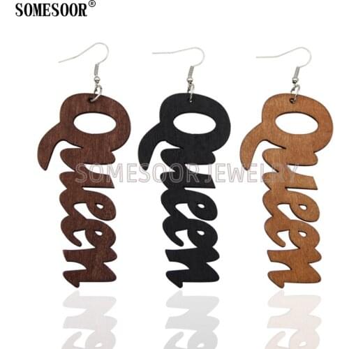 SOMESOOR Jewelry Available 3 Colors Wooden Laser Text Cutting Queen Word Fashion Women Drop Earrings Wholesale