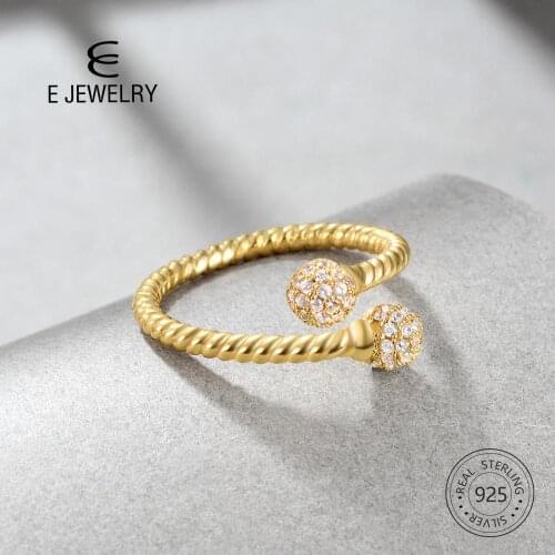 E 925 Sterling Silver Adjustable Rings for Women 14K Gold Plated Ball Twisted Silver 925 Wedding Engagement Rings Anillos Bague