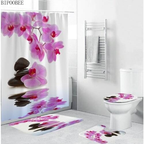 Phalaenopsis 3d Shower Curtain Stone Flower Fabric Bathroom Curtains Flannel Toilet Cover Non-slip Rugs Bath Mat Carpet
