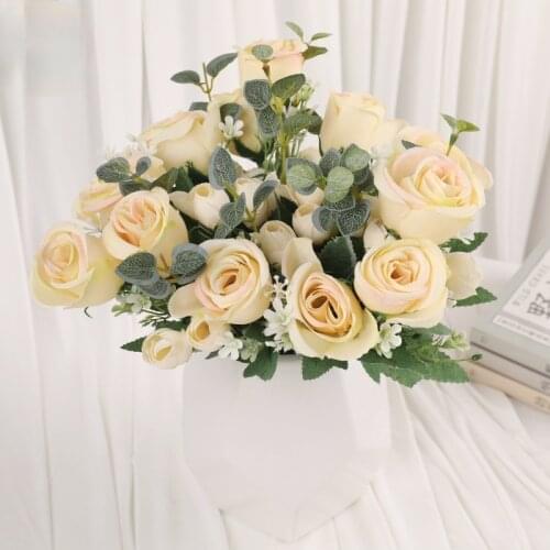 Artificial Flowers White Silk Roses Vintage Bride Holding Bouquet Vases for Home Decor Christmas Wedding Decorative Fake Plants