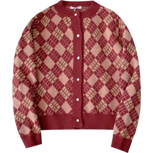 Retro Plain Red Cardigan 2021 Spring Autumn Women Knitted Sweater O-Neck Long Sleeve Button Sweaters Loose Casual Lolita Tartan