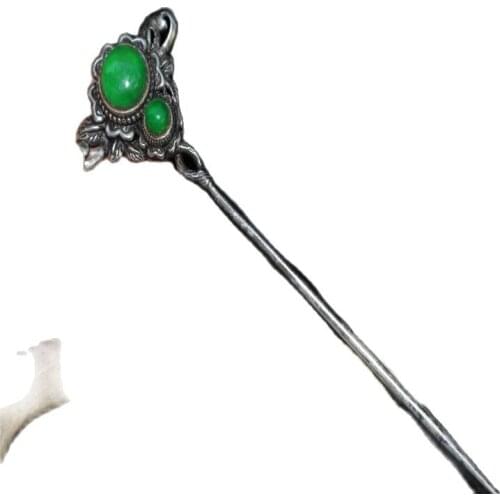 China old Tibetan silver inlaid green jade hairpin