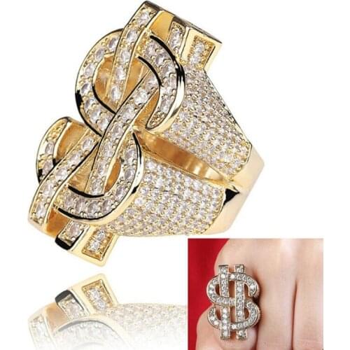 Classic Rock Iced Out Bling Gold Silver Color US Dollar Sign Rings AAA Cubic Zircon Hip Hop Ring for Female/Men Jewelry Gift