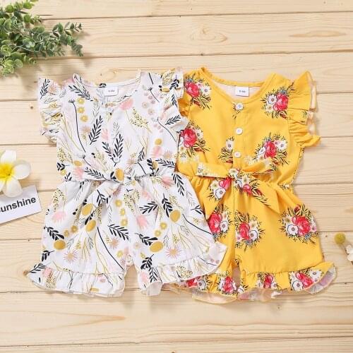 Baby girls romper flower yellow white flared cap sleeve button belt cute lovely infant newborn cotton soft bodysuit jumpsuit