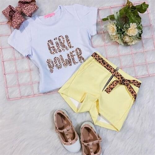 0-5Y Fashion Toddler Kid Baby Girls Clothes Sets Letter Short Sleeve T Shirts Tops+Leopard Belts Shorts Pants 3pcs Sets