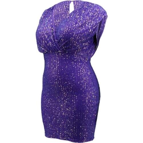 BacklakeGirls Large Size V Neck Sleeveless Short Cocktail Dress Plus Size Vintage Purple Sequined Party Dress XL XXL 3XL 4XL 5XL