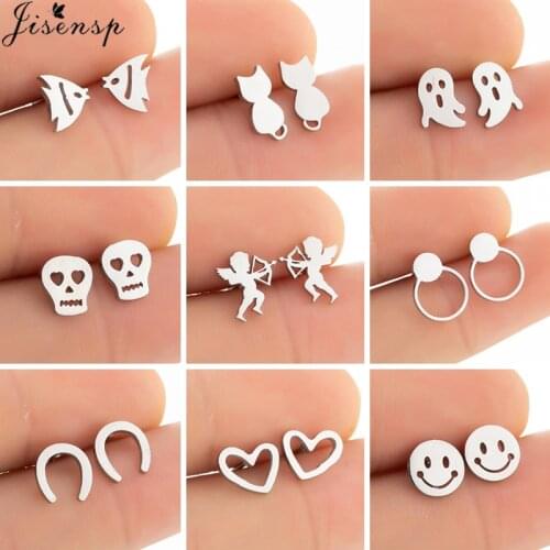Tiny Stainless Steel Animal Stud Earrings for Women Girls Cute Fish Cat Skull Round Earings Fashion Jewelry Heart Accessories