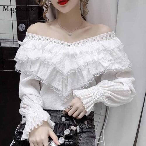 Lace Stitched Ruffled V Collar Womens Shirt 2020 Fall New Stylish Lantern Long Sleeve Temperament Korean Vintage Lady Top 12074