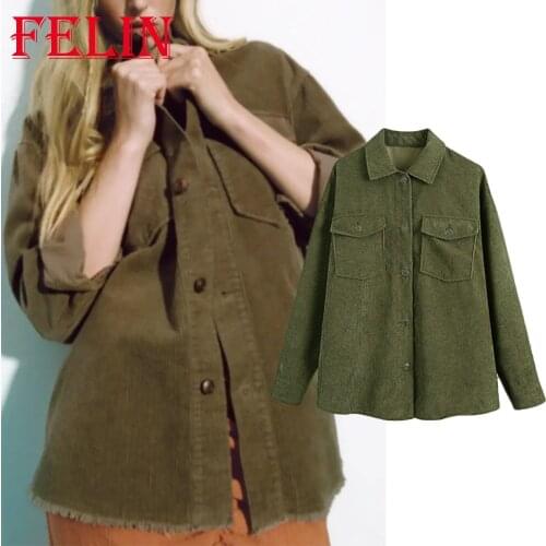 Za 2021 Chic Army GreenWomen Fleece Jackets Fashion Autumn Long Sleeve Double Pockets Outwear Casual Warm All-match Blazer