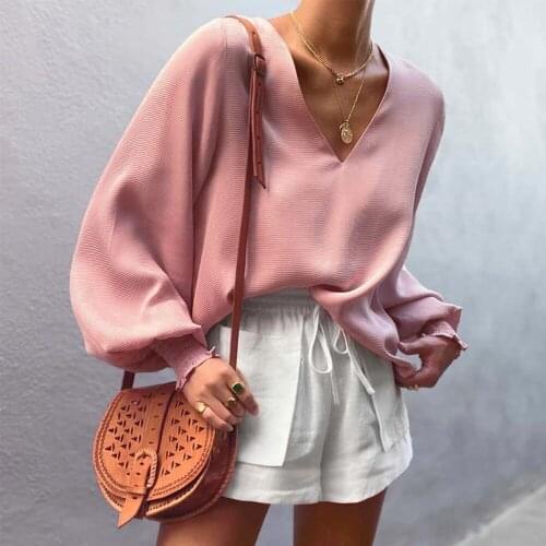 Fashion Women Lantern Sleeve Solid Color T-shirt Top Spring Autumn Casual Loose Pink Pullover Top Elegant Shrinkage Design Tee