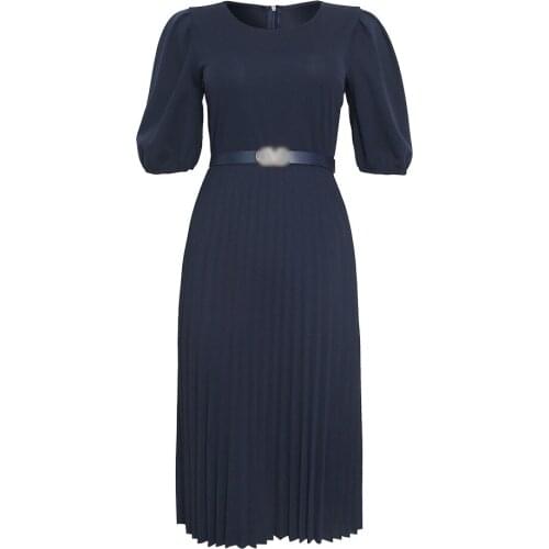 New Hot-selling Womens Dress Solid Color Round Neck Five-point Sleeve Mid-length Pleated Skirt with Belt