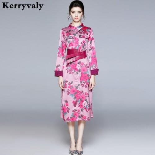 Autumn Long Sleeve Purple Floral Shirt Dress Women Gothic Midi Party Ladies Dress Violet Send with Belt Vestidos De Festa K8836