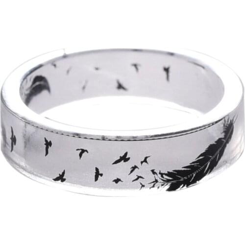 Transparent Resin Ring Handmade Jewelry with Birds and Feather Ink Painting Scenery Inside Epoxy Resin Ring for Women