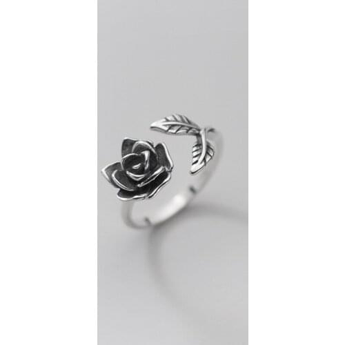 Retro Vintage 100% Authentic REAL.925 Sterling Silver Rose Flower &Leaf Ring Party Charms C-J8324