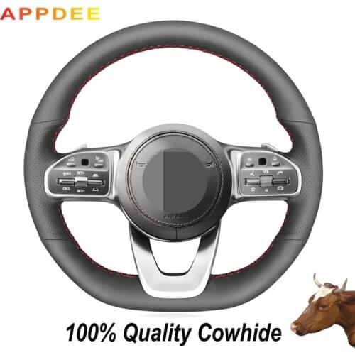 Hand-stitched Black Genuine Leather Steering Wheel Cover for Mercedes-Benz A-Class W177 C-Class W205 E-Class W213 S-Class W222