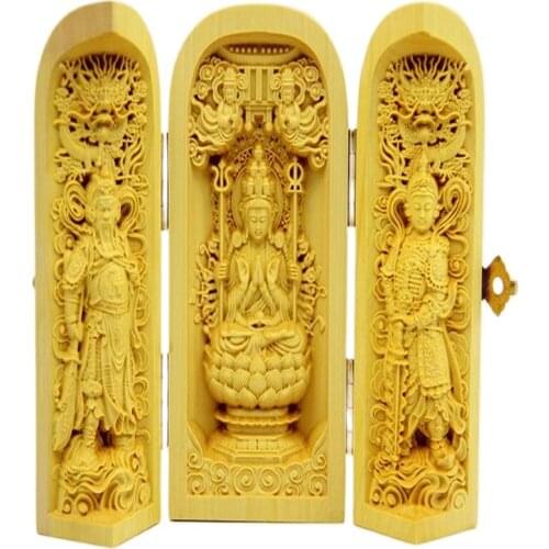 Decoración 100% Boxwood alta dificultad tallada dios de la riqueza estatua CAJA PLEGABLE mil mano Bodhisattva