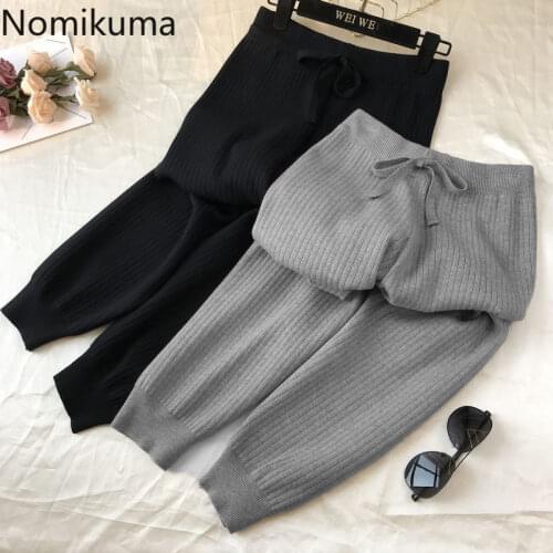 Nomikuma Knitted Solid Harem Pants Bow Tie High Waist Women Trousers 2021 Spring New Causal Sweater Pants Pantalones Mujer 6E822