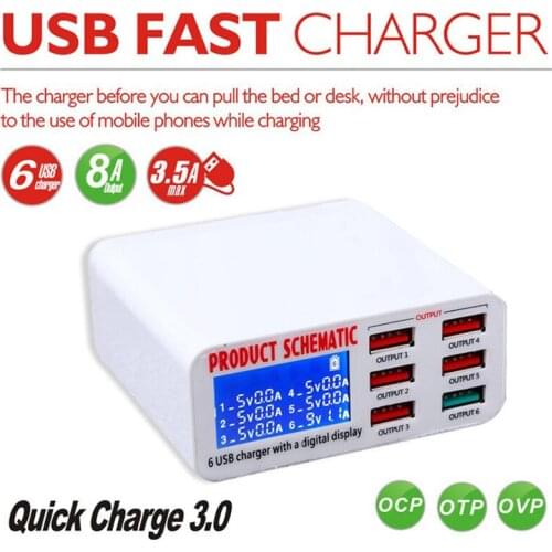 Multiple USB Charger Portable Quick Charger 6 Port USB Socket with LCD Display for Smart Mobile Phone QC 3.0 Charger
