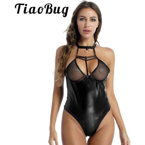 Womens Patent Leather Romper Bodysuit Hollow Out Zipper Crotch Leotard See-through Mesh Patchwork Unlined Bra Backless Catsuit