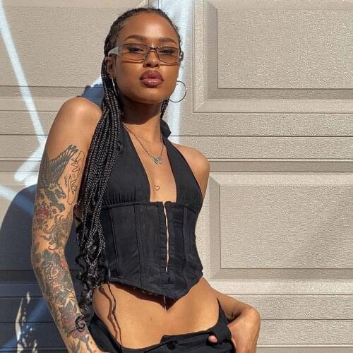 SEASONS Sexy Black White Backless Halter Crop Top Women Summer Deep V Sleeveless Tanks Camis Top Lace Up Camisole 2021 ASVE83440