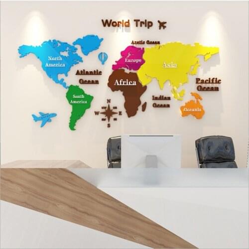 2020 new art wall decoration world map mirror acrylic color wall sticker 3d large map office living room home decor poster map