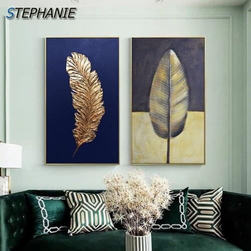 Abstract Pop Golden Leaf Canvas Painting Retro Poster and Print Feather Wall Art Picture for Living Room Black and Grey Cuadros
