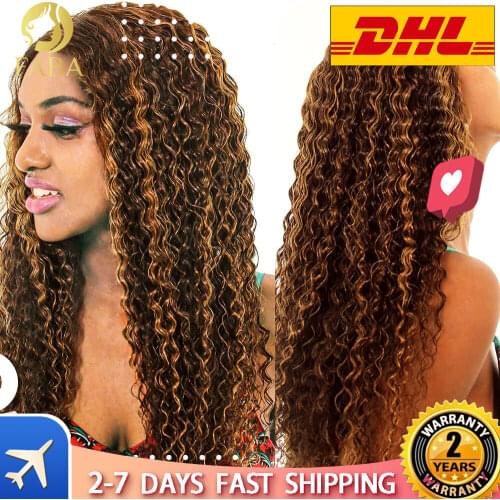 QINGSI Highlight Human Hair 13x1x4 Lace Front Wig Blonde to Brown Curly Human Hair Wig for Women Water Wave Wigs 180% Density