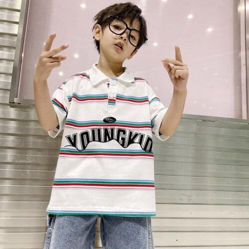 Childrens Cotton T Shirt Summer New Baby Boys Fashion Lapel Striped T-shirt Casual Loose Short Sleeve Tops For Boy Kids Clothes