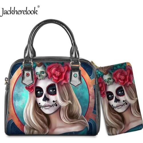 Jackherelook Gothic Skull Girl Design Womens Shoulder Bag Purse 2pcs/Set Luxury PU Handbag for Lady Girls Wallet Bolsos Mujer