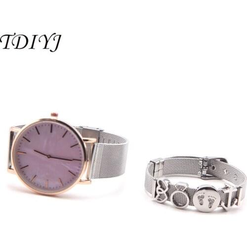 TDIYJ Keeper Watch Set Babyfoot Double Heart Charms Pink Shell Dial Watch Stainless Steel Mesh Bracelet Gift Box 1Set