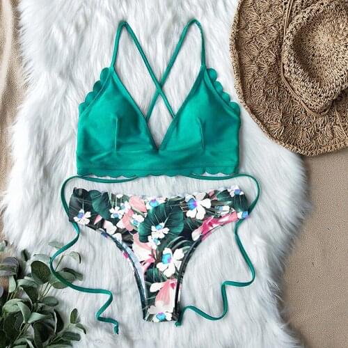 2020 Sexy Womens Scalloped Edge Lace Up Tropical Print Bottom High Cut Bikini Two Pieces Swimsuit Beachwear купальник новинка