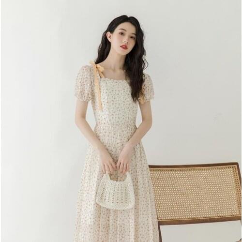 Little Fresh Sweet Bubble Sleeve Floral Dress 2021 Cottagecore Harajuku Designer Summer New Style Gentle Wind Fairy Skirt