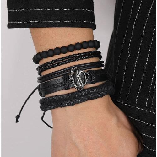 Fashion Black Bead Leather Bracelets For Men Multilayer Bracelet & Bangles Super Cross Punk Rock Bracelet & Bangles Accessories