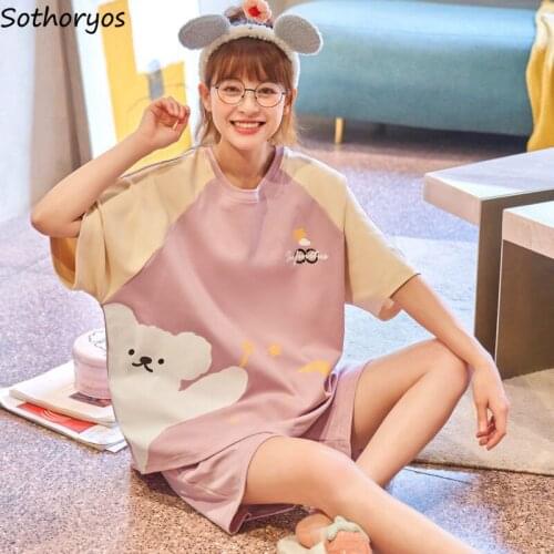 Women Pajama Sets Short Sleeve Cartoon Printed Lovely Fashion Loose Casual Cotton Cozy Breathable Lounge Wear Ulzzang Students