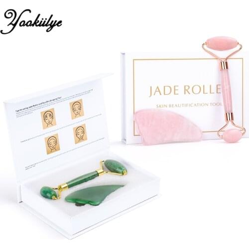 Facial Roller Jade Roller Face Eyes Lift Massager Firm Skin Massage Natural Rose Quartz Stone Eyes Care Tool with Gift Box