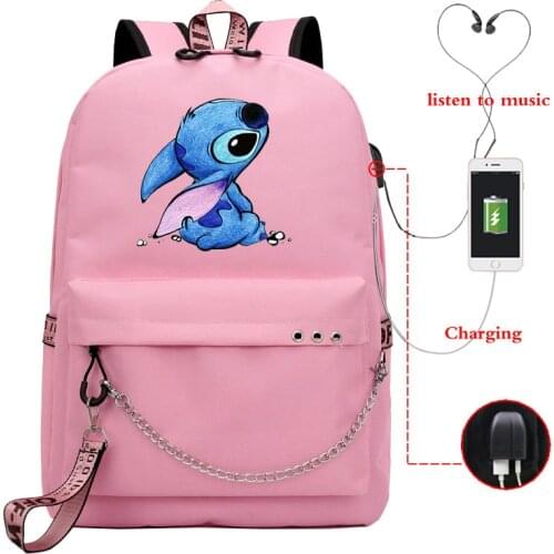 Disney Cartoon Stitch Usb Charge Backpack Boys Girls School Bag Men Women Rucksack School Bag Teens Daily New Chain Knapsack