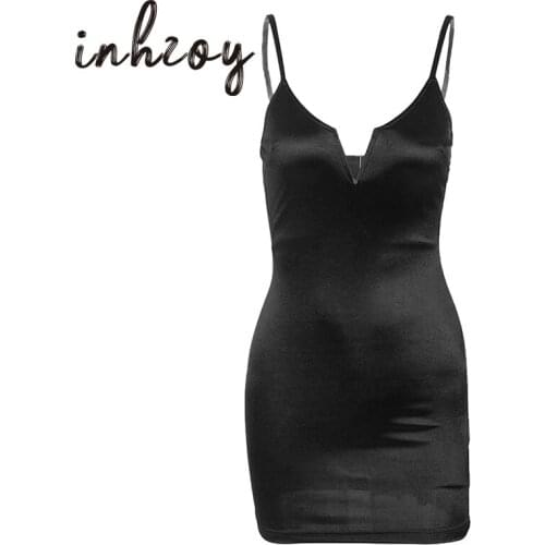 Sexy V Neck Satin Mini Dress Women Summer Solid Color Adjustable Straps Skinny Backless Bodycon Clubwear Cocktail Party Dress
