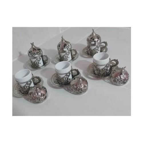 Silver color handmade authentic design turkish greek arabic coffee espresso set 6 person 24 PIECES SUPER PRICE 100gr COFFEE GIFT