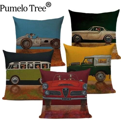 Zipper Watercolour anime Style Woven retro car Cartoon Dog Pillow 45Cmx45Cm Square Sofas Printing Pillow Cover Cushion Case