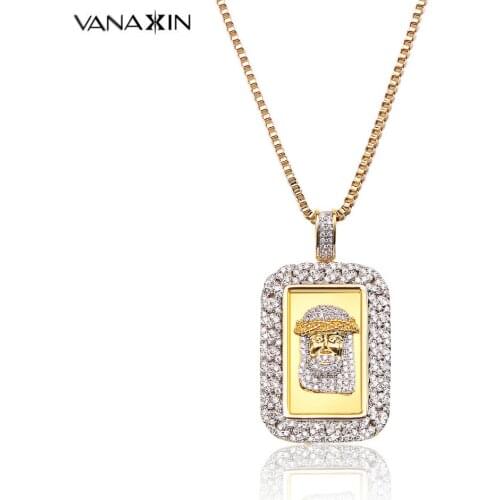 VANAXIN Square Necklaces Pendants For Men Jesus Face Iced Out Zircons Stone Pendant Gold Silver Color Rock Religious Jewelry