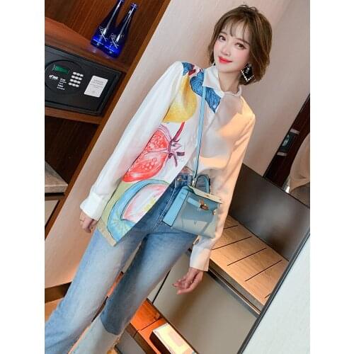 Top Quality One side contrast print loose shirt with Lapel for womens summer