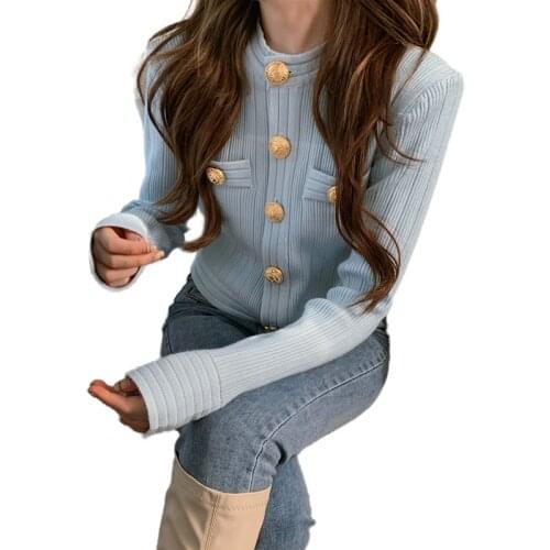 High Quality Fashion Designer Cardigan Long Sleeve Single Breasted Gold Color Button Knitted Sweaters short tops for women