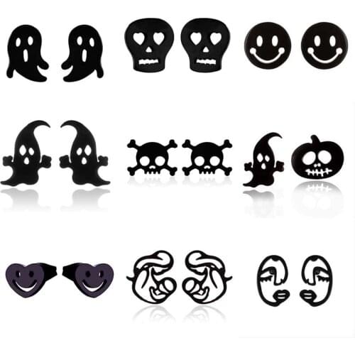Women Men Halloween Black Stainless Steel Funny Pumpkin Skull Ghost Smile Face Stud Earrings Cool Punk Gothic Brincos Jewelry