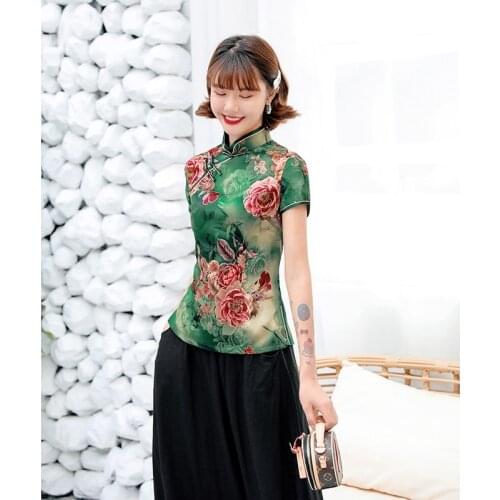 2021 Floral Tang Suit Women Cheongsam Tops Chinese Traditional Clothes Fashion Ladys Top Shirt Silk Blouse