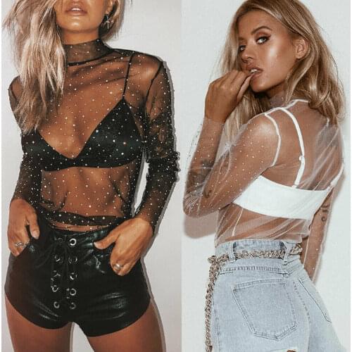 Roupas feminina Women Mesh Top Sexy Sheer T Shirt Transparent Tops Turtleneck See Through Clothes Summer Female Costume