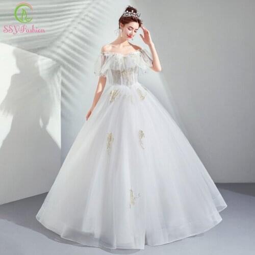 SSYFashion 2019 New Wedding Dress Boat Neck A-line Floor-length Bride Luxury Lace Wedding Gown Vestido De Noiva