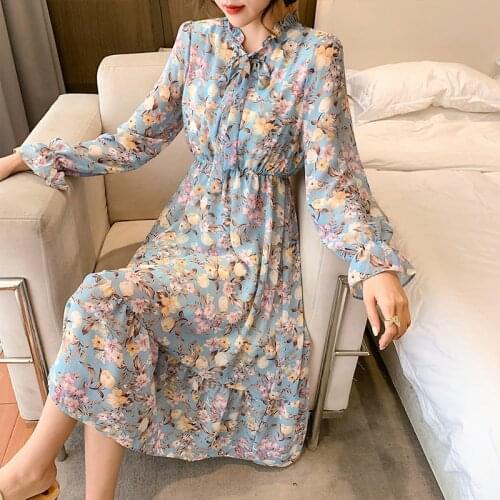 Autumn 2021 Korean Long Sleeve Women Floral Chiffon Dress Bow Tie Pleated Print Elastic Waist Vestidos Robe Party Dress Vest