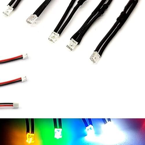 100Pcs 3V 5V 6V 9V 12V Clear Squared 2*3*4mm LED With 20cm Red&Black Wire And ZH1.5 Plug Light=White Red Blue Green Yellow