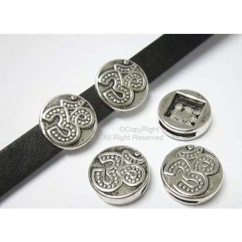 10x2mm OM leather slider 10mm leather findings Sanskrit Aum slider -FF12
