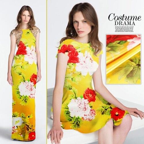 120cm wide red flower print yellow Chinese style silk satin dress clothes fabric